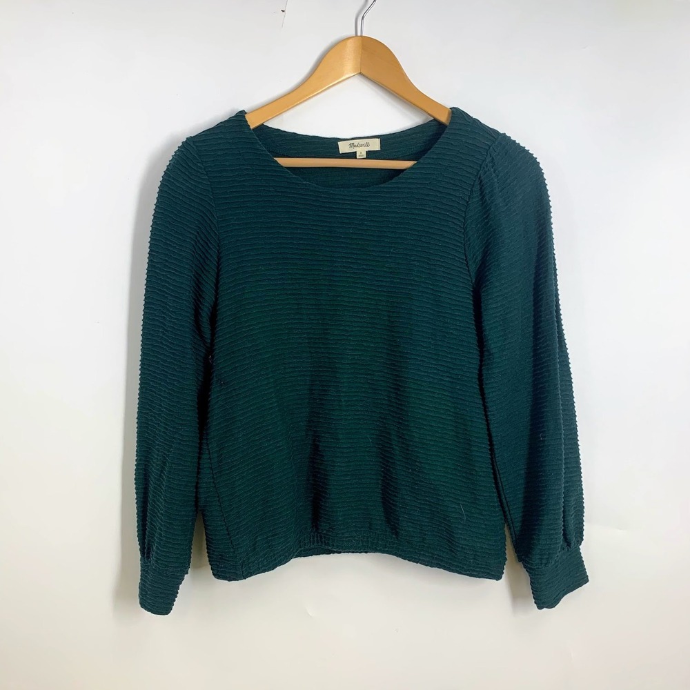 Madewell Textured Linen‎ Blend Crew Neck Long Sleeve Top Green Size S